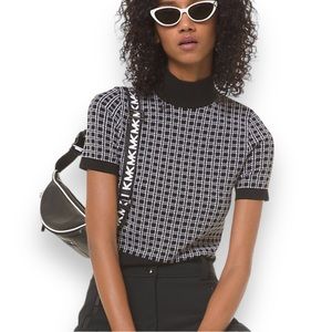 MICHAEL Michael Kors Black & White Check Mock Neck Short Slv Knit Top - XS - NEW